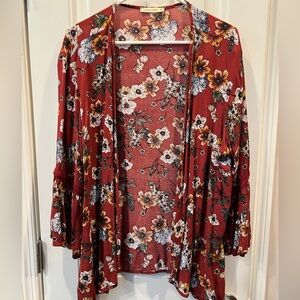 Coco’s Clozet Burgundy Maroon Floral Print Kimono Wrap Cardigan Size XL